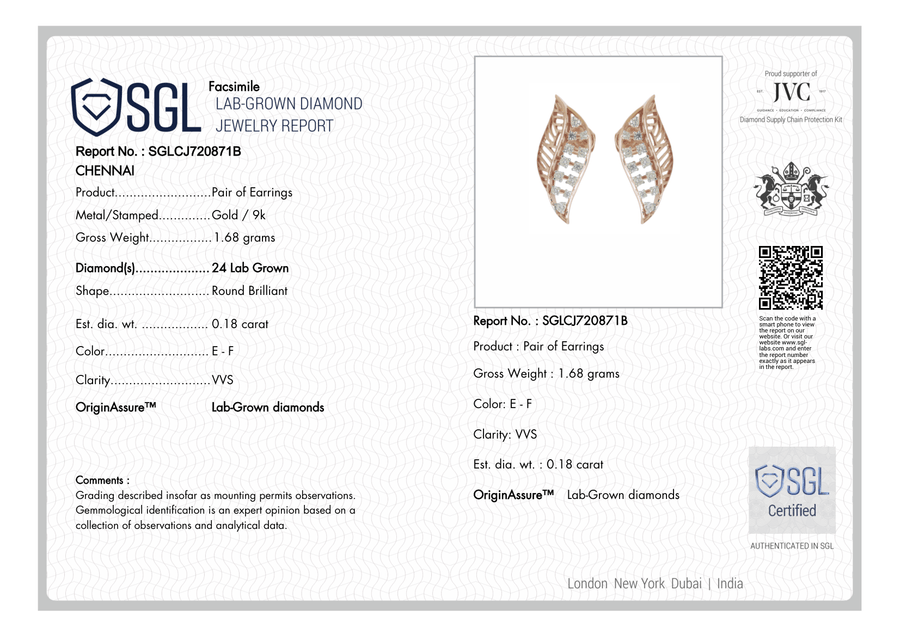 Jewelry report for a pair of gold earrings with lab-grown diamonds, featuring SGL and IVD logos.