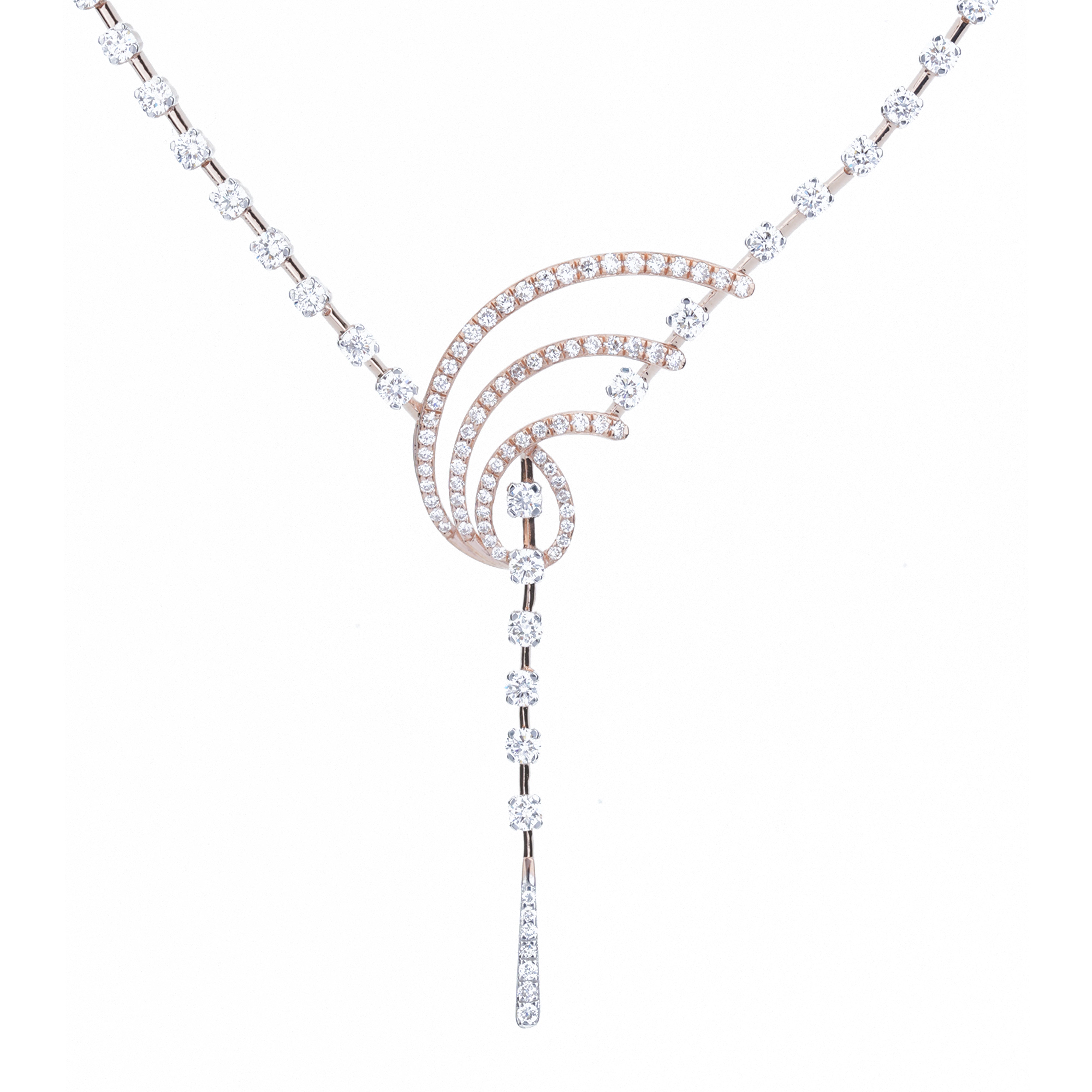 A delicate Y-shaped necklace featuring a central triple-curve pendant pavé-set with clear round stones, flanked by matching clear stone chain segments on a plain white background.