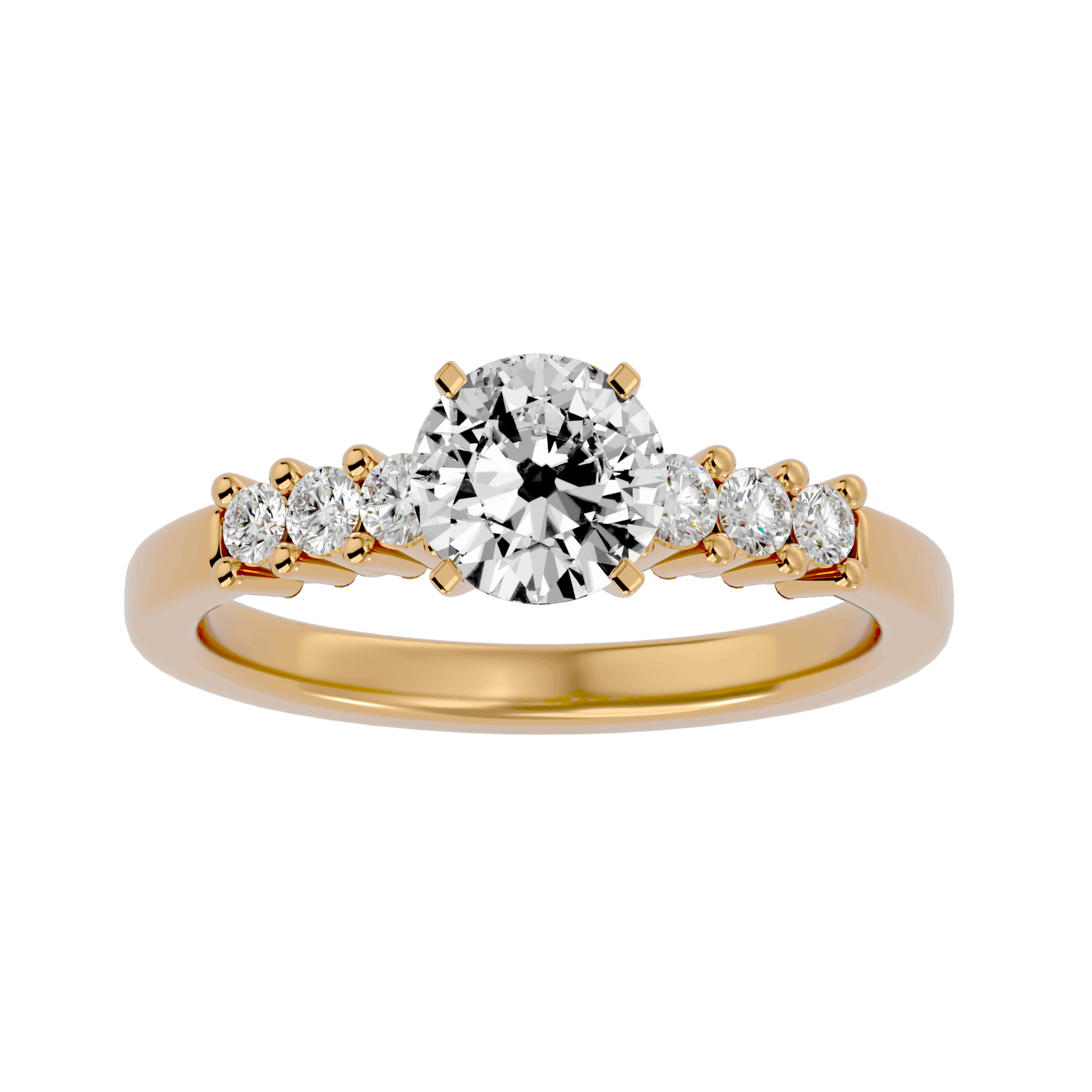 A gold-colored band diamond ring with a prominent central diamond and smaller stones on either side.