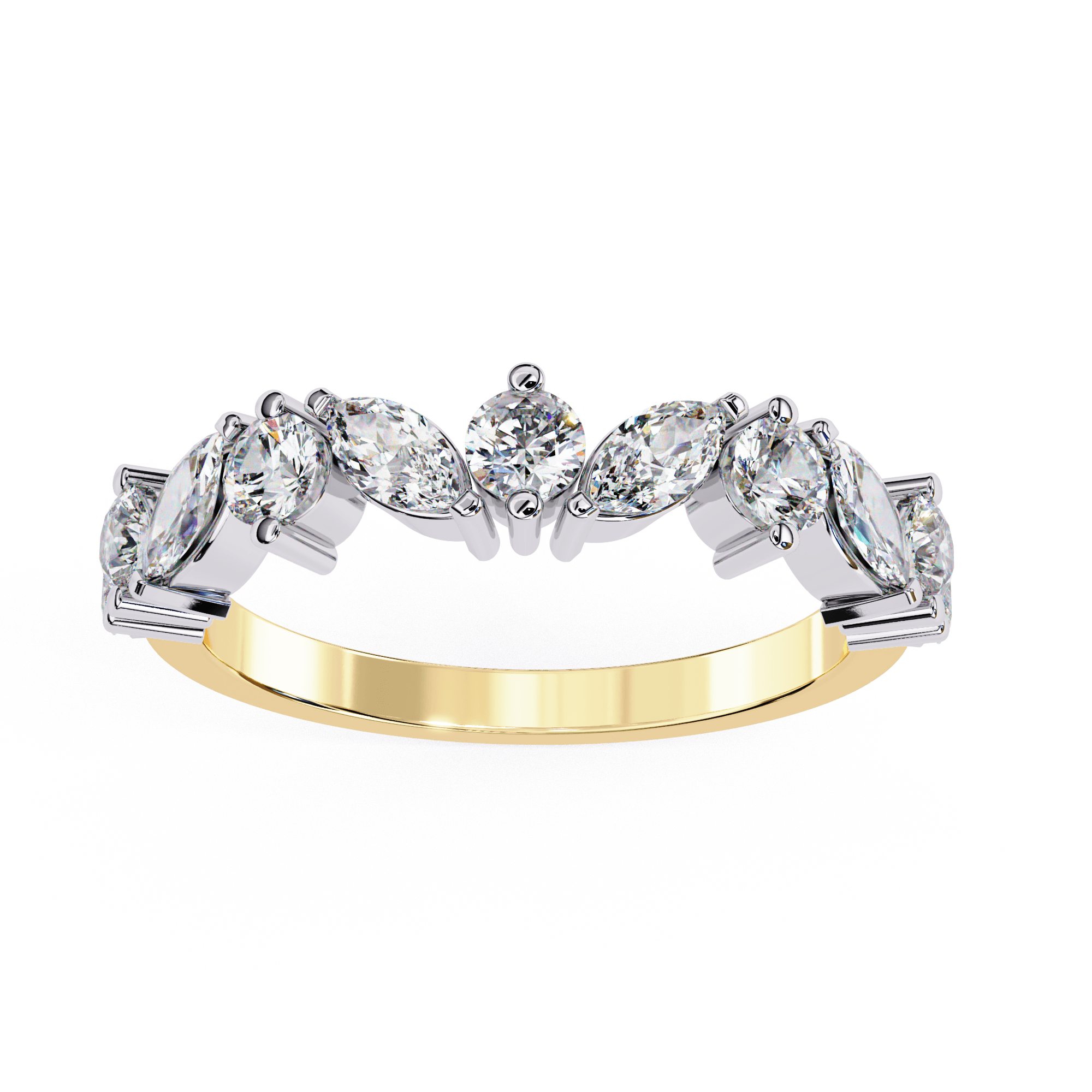 A diamond band ring with a gold band and multiple diamond encrusted rings on the band.