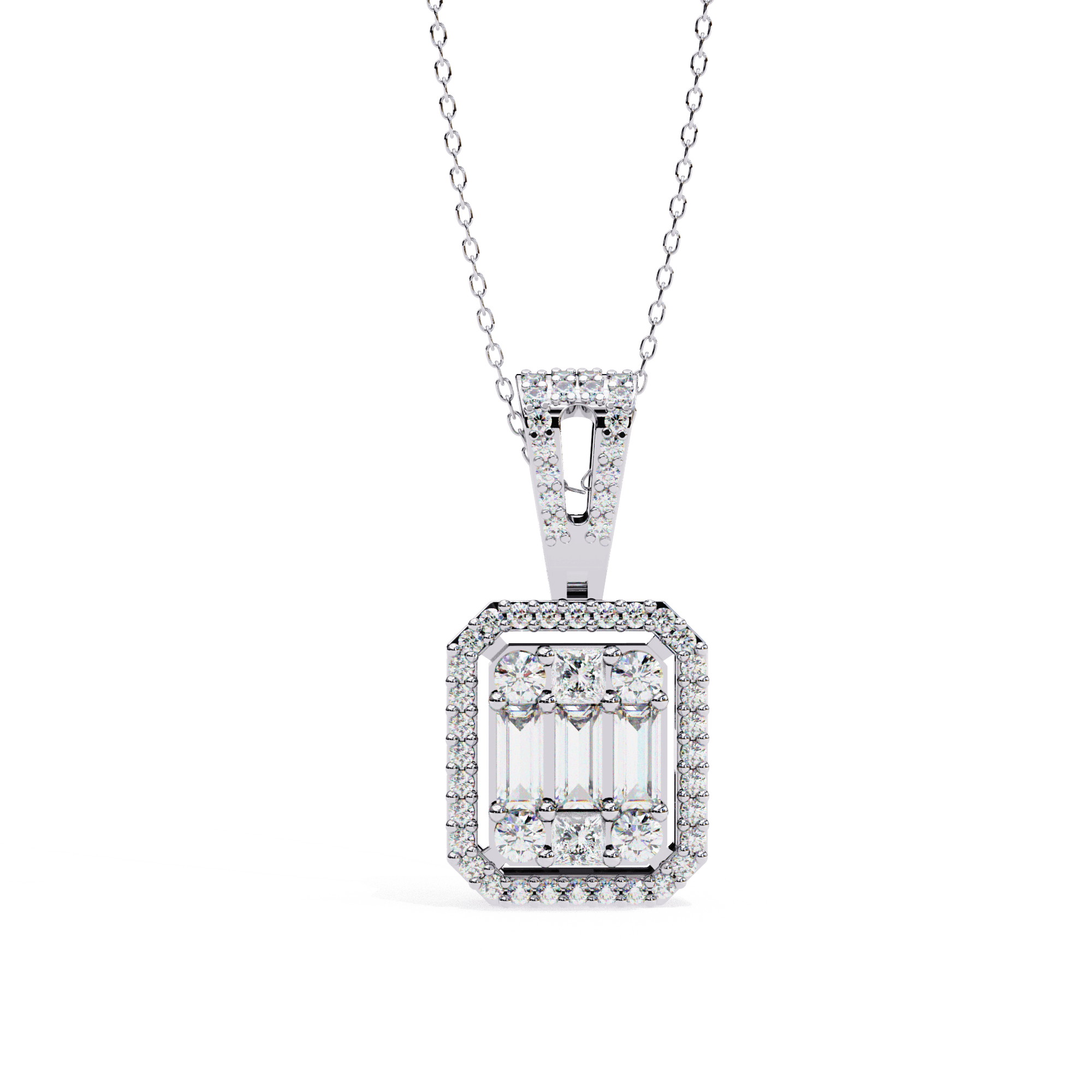 A silver diamond pendant with a chain, featuring a rectangular design with multiple small diamonds surrounding a central gem.