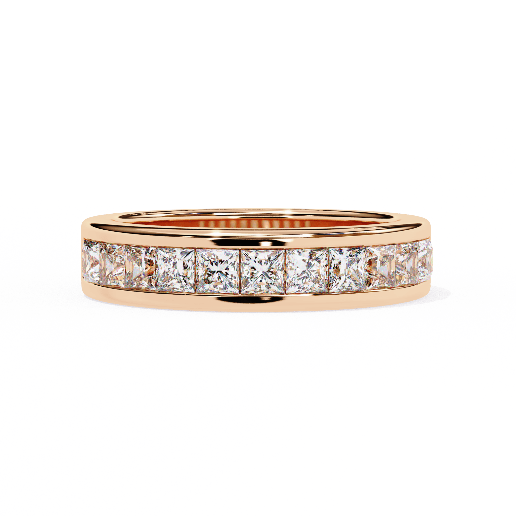 A gold band ring with multiple diamonds arranged in a line.