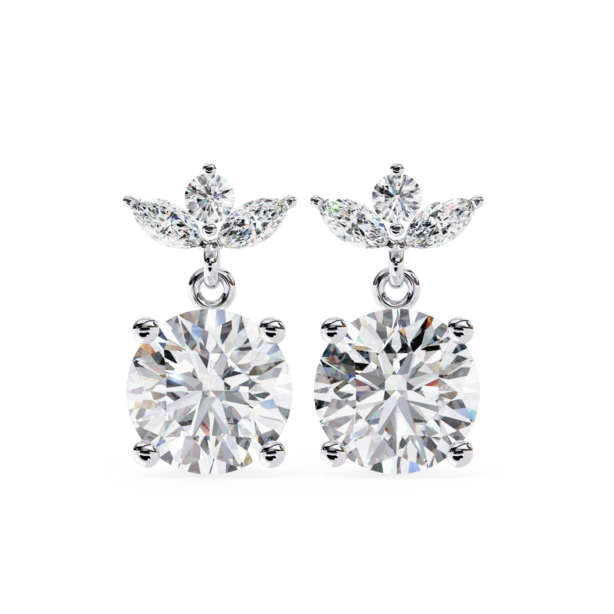 A pair of diamond earrings with intricate metalwork, set against a white background.