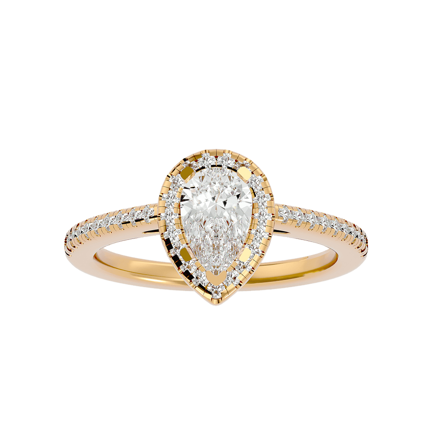A gold diamond ring with a large central diamond surrounded by smaller diamonds on the band, presented against a black background.