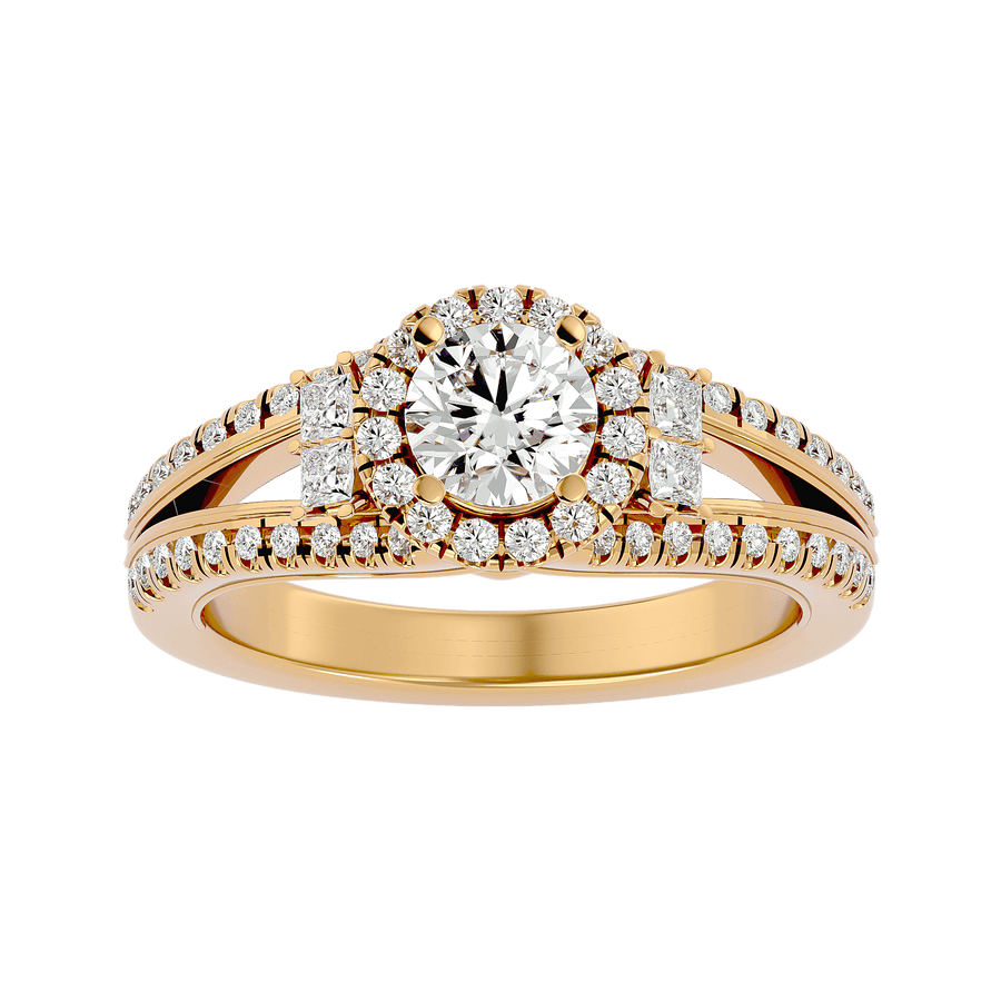 A gold-colored diamond halo ring with a central halo of set diamonds and a smaller diamond band