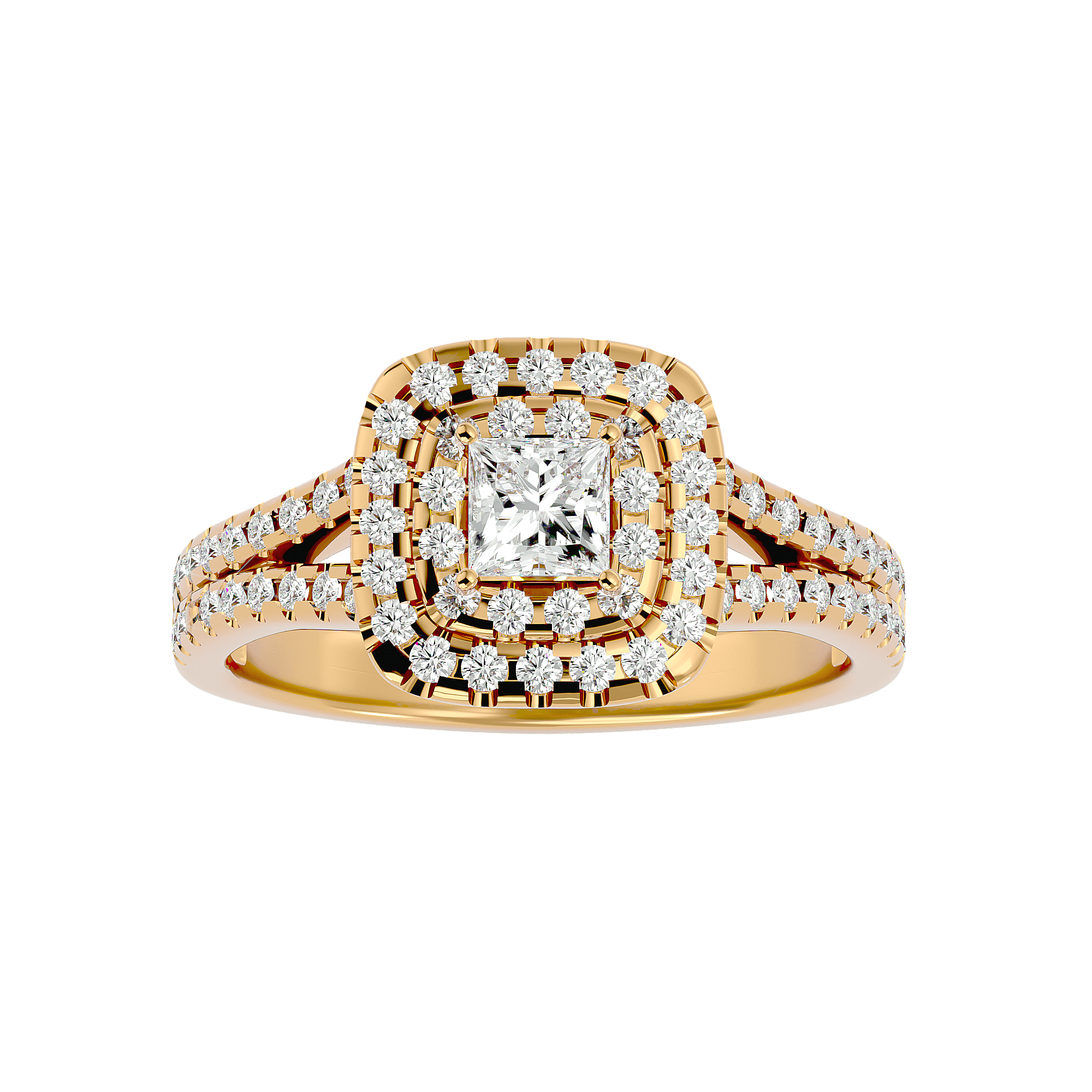 A gold diamond halo ring with a large central diamond surrounded by smaller diamonds on the band and halo.