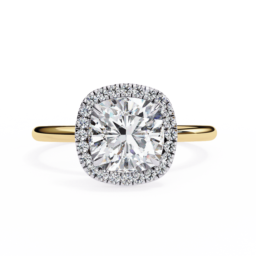 A round diamond ring with a gold band, adorned with smaller diamonds set in the band.