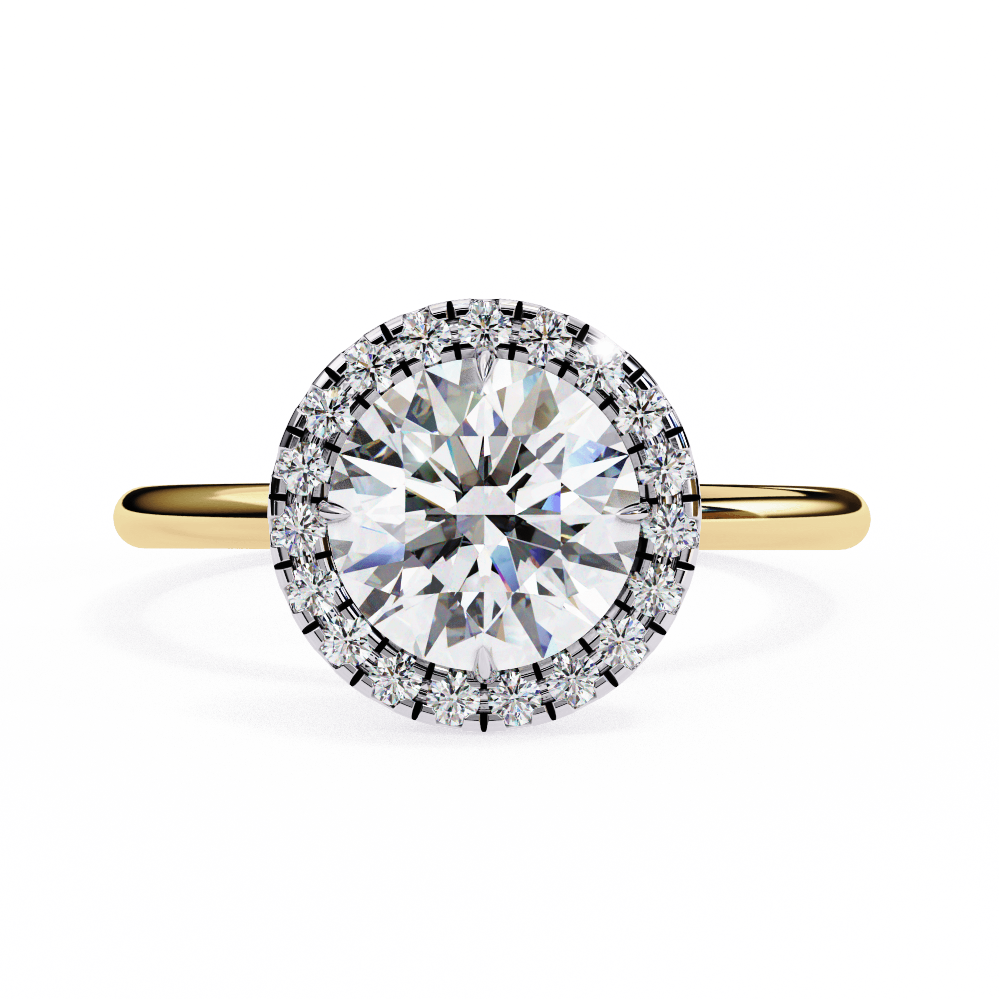A round diamond ring with smaller diamonds around it, set in a gold band.