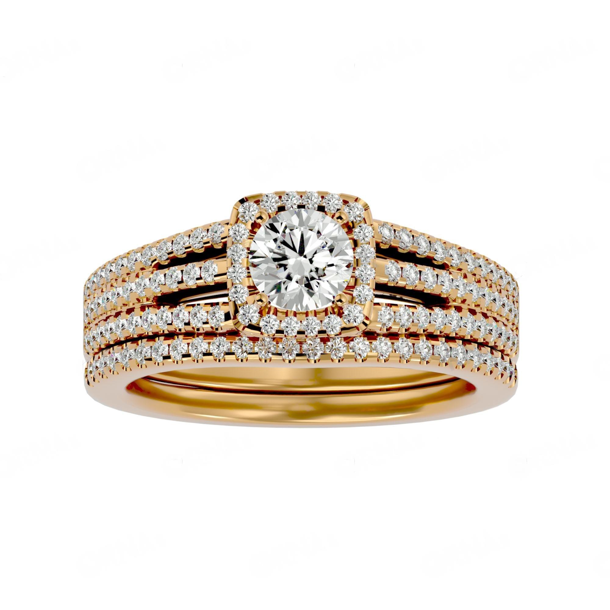 A diamond ring with a gold band, featuring smaller diamonds set around the main diamond in a coordinating design.