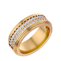 A gold-colored men's band ring adorned with multiple rows of diamonds