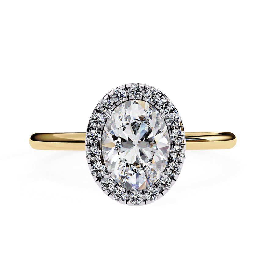 A round diamond ring with smaller diamonds around it, set in a gold band.