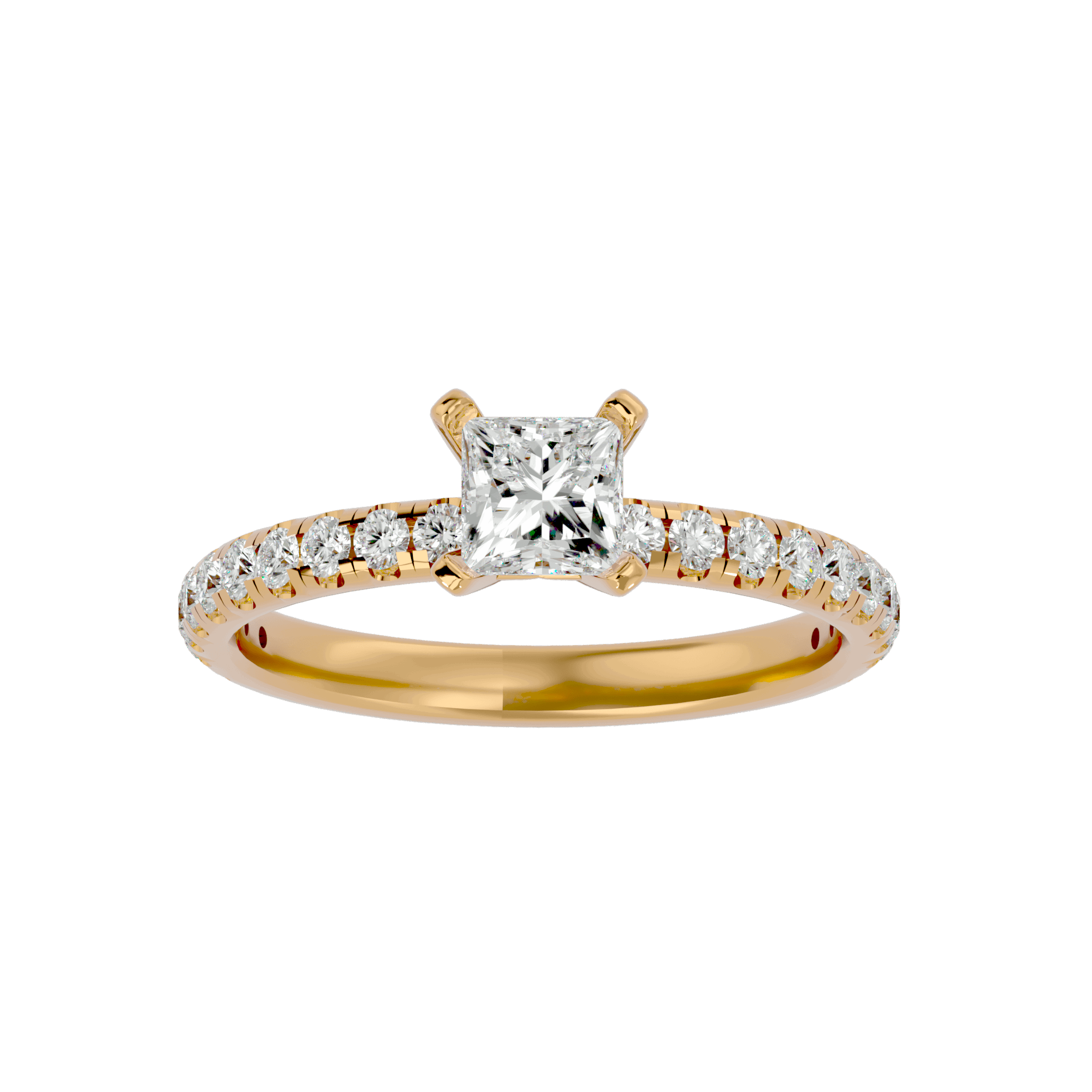 A gold diamond solitaire ring with a prominent central diamond and smaller diamonds on the band.