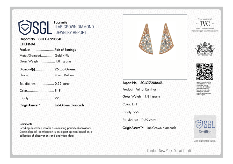 Jewelry report for a pair of gold earrings with lab-grown diamonds, featuring SGL and IVD logos.