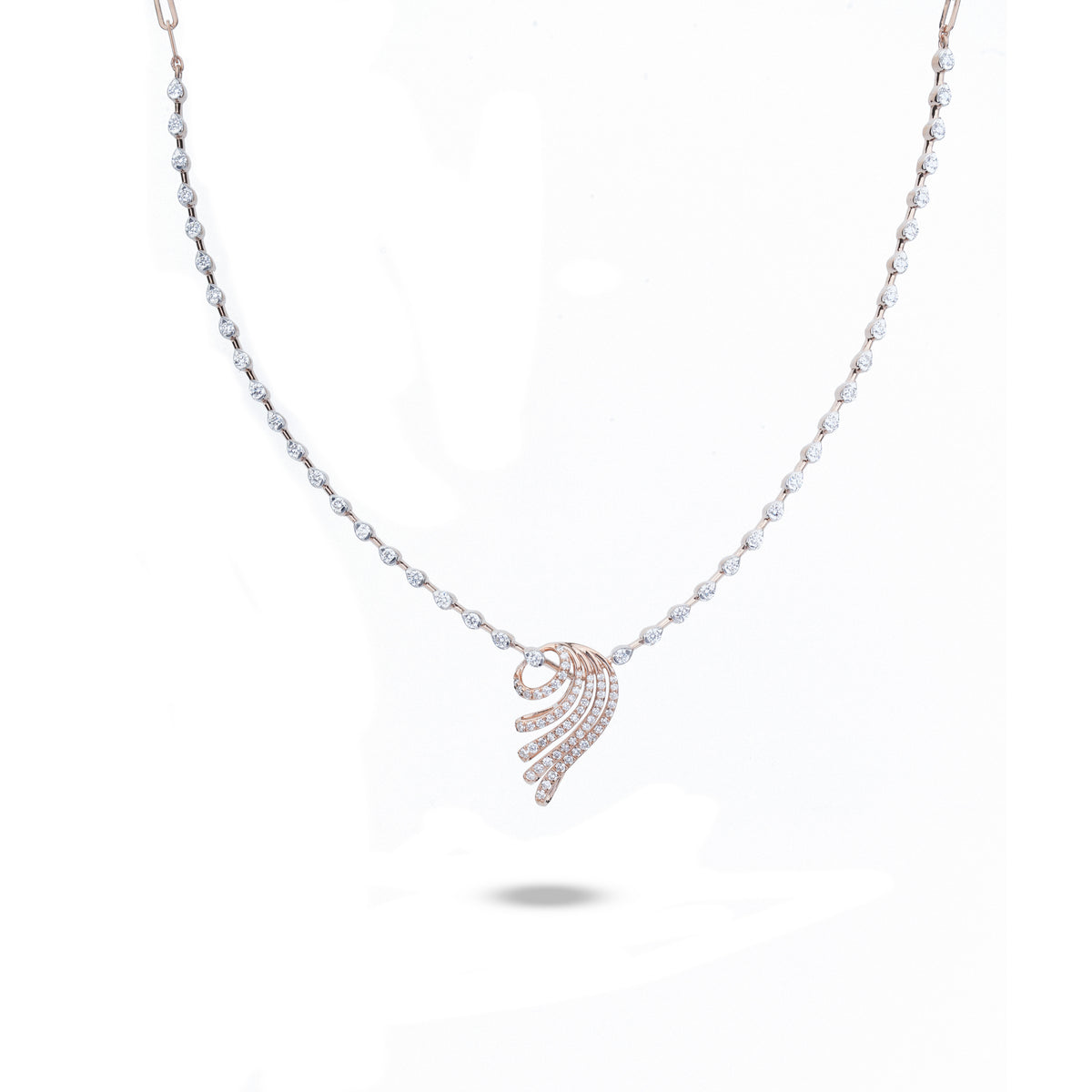 A delicate silver-toned beaded chain necklace featuring a small wing-shaped pendant paved with clear stones, shown against a plain white background.