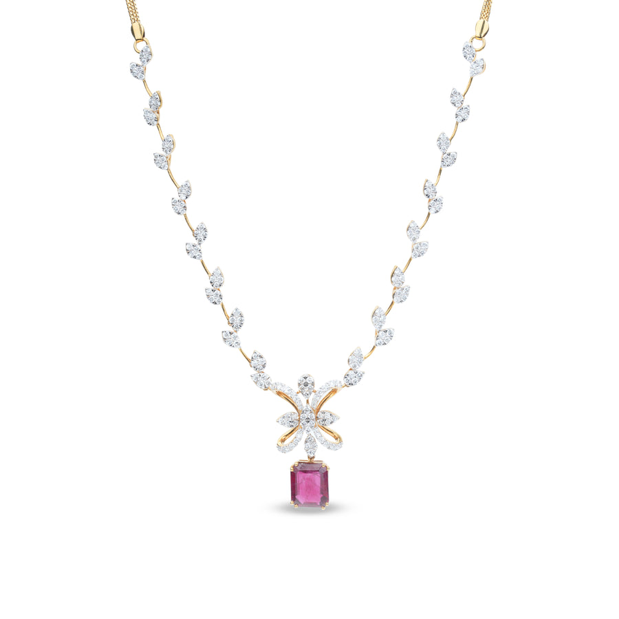 Floral Diamond Necklace with Pink Gemstone – product image 2