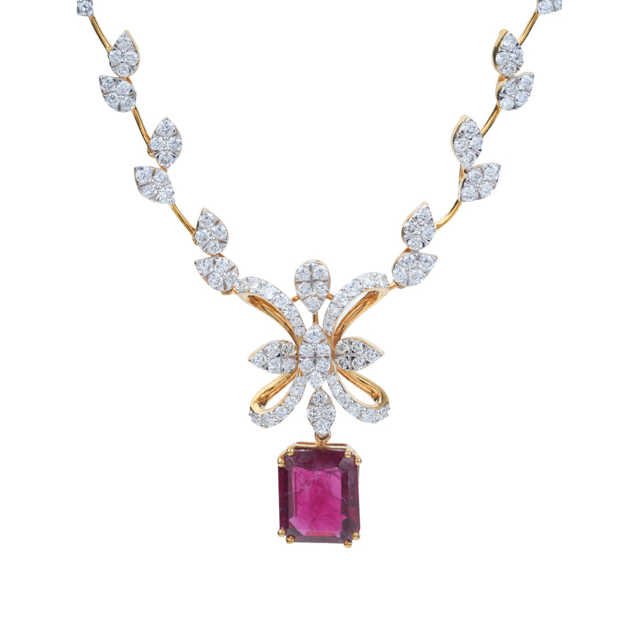 Floral Diamond Necklace with Pink Gemstone – product image 3