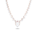 A delicate necklace with a rose gold chain featuring pavé-set clear stones and a central teardrop-shaped pendant with a small pink gemstone accent, shown on a white background.