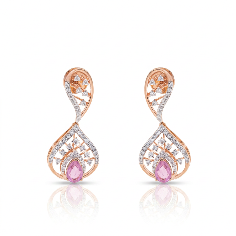 Rose gold earrings with pink gemstones on a white background