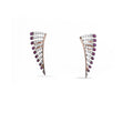 A pair of curved, fan-shaped stud earrings in rose gold, featuring rows of clear pavé stones and small round purple gemstones along the outer edges, set against a plain white background.