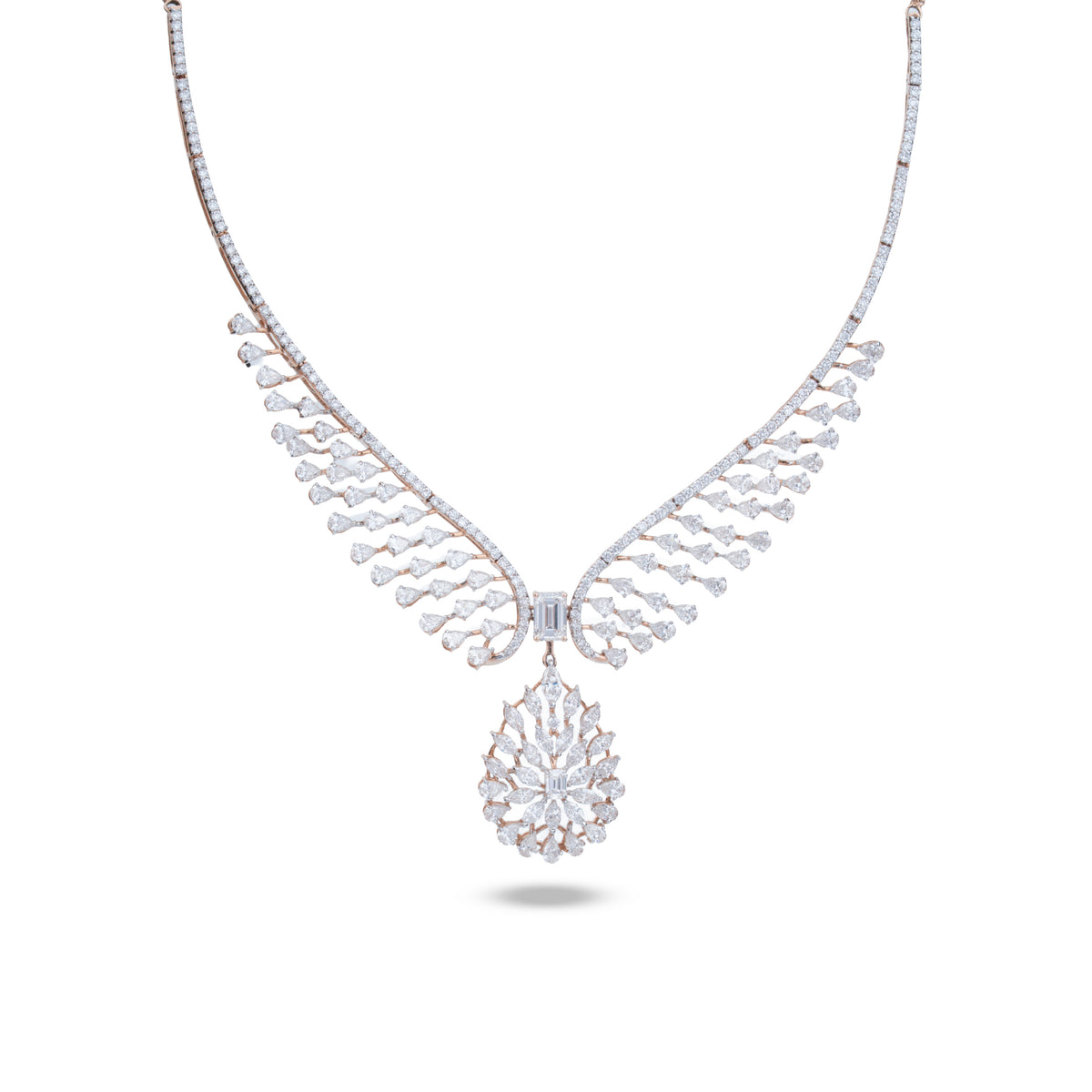 A silver-toned diamond necklace featuring a delicate wing-like chain design with a teardrop-shaped pendant, displayed on a clean white background.