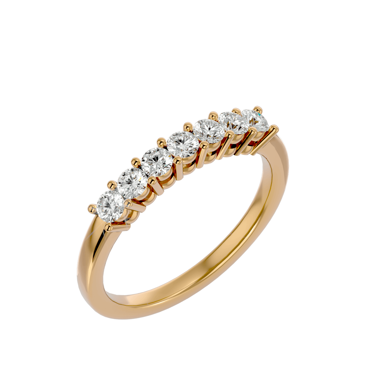 A gold band ring with a row of set diamonds, showcasing a bright and elegant appearance.