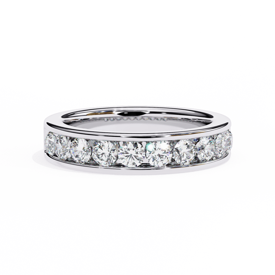 A diamond band ring with a white gold band and multiple diamonds set around the top.