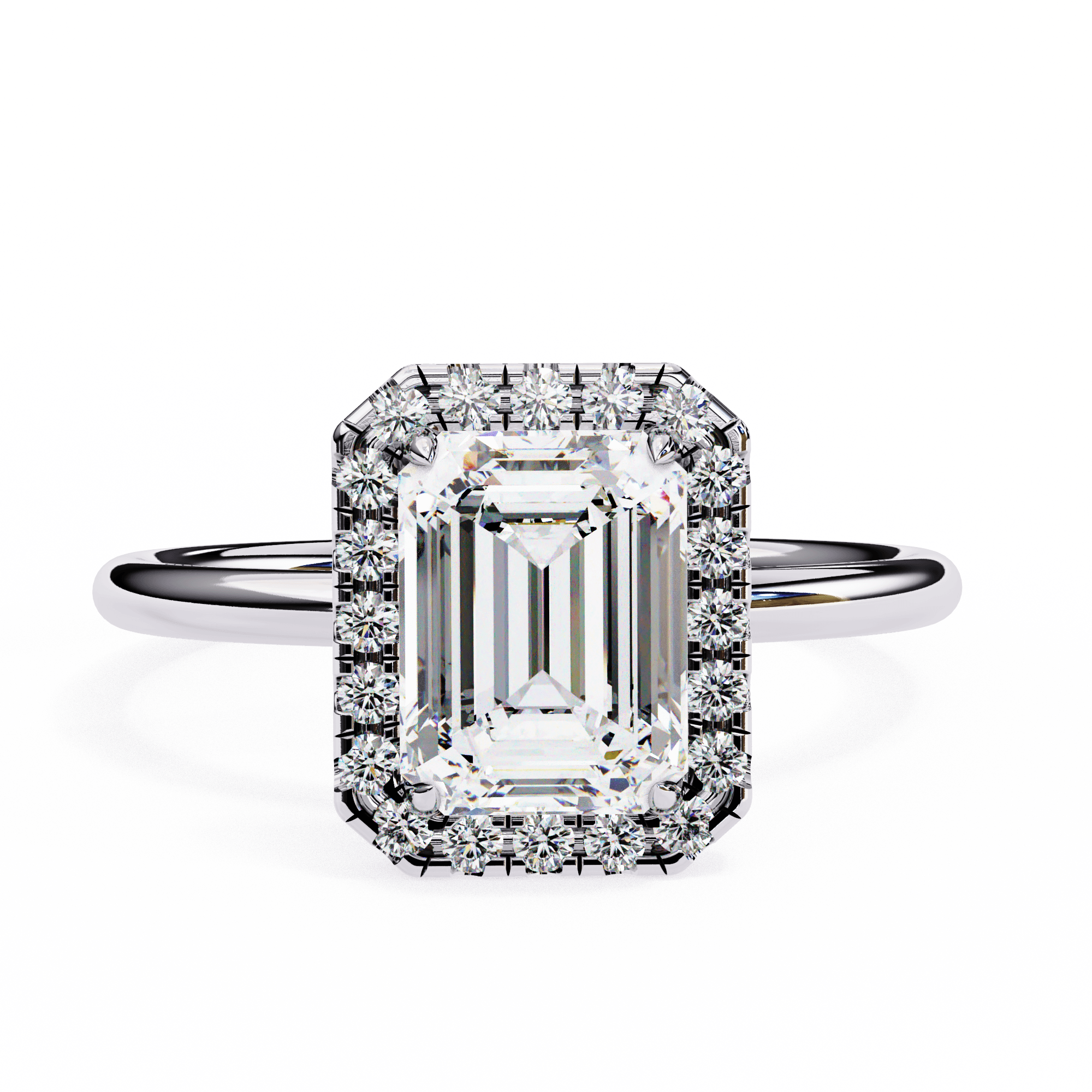 A diamond ring with a multicolored central diamond surrounded by smaller clear diamonds set in a white gold band.