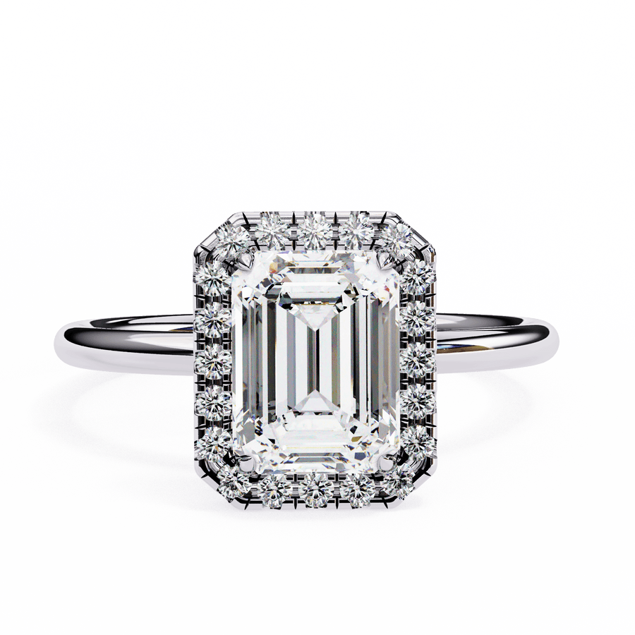 A diamond ring with a multicolored central diamond surrounded by smaller clear diamonds set in a white gold band.