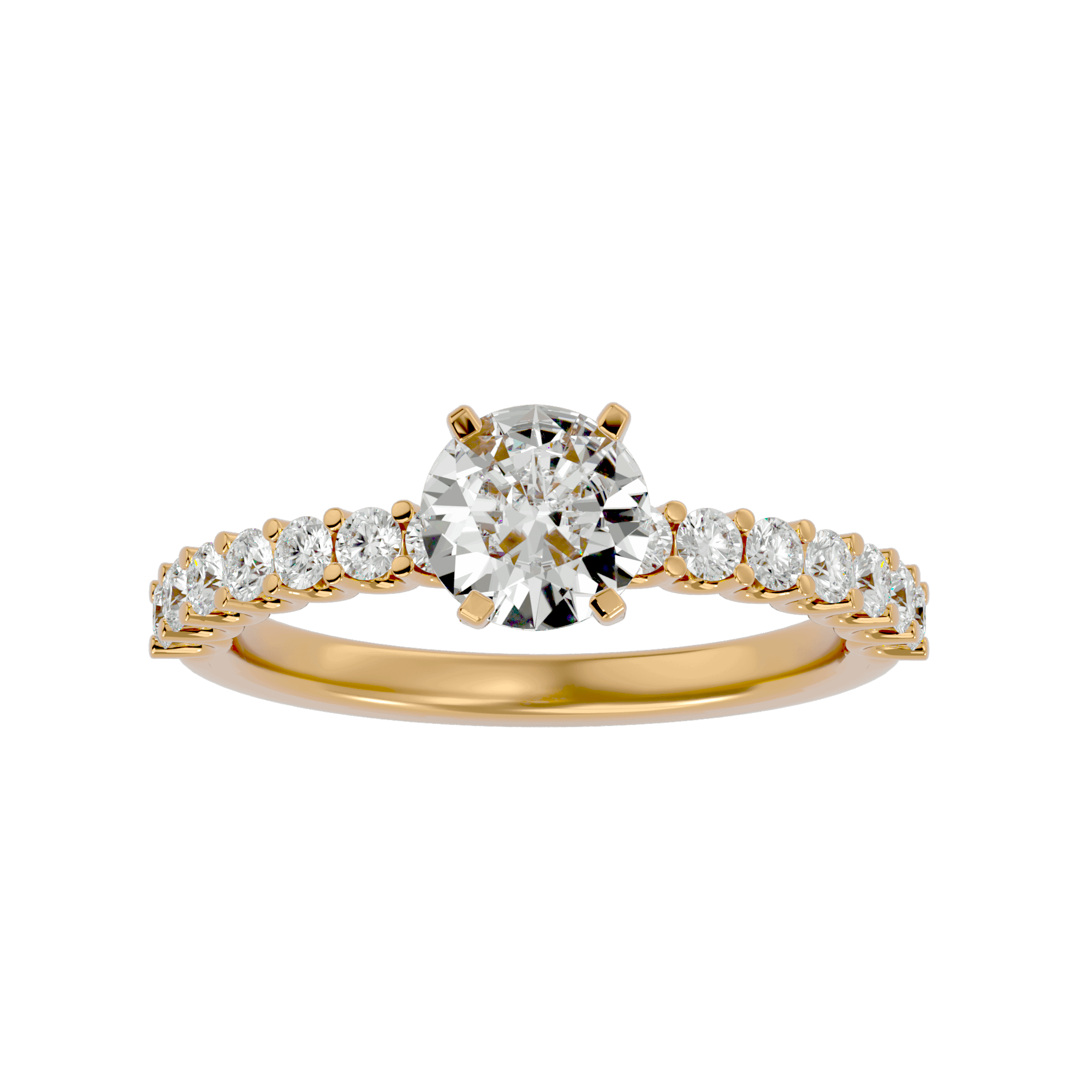 A gold diamond solitaire ring with smaller diamonds on the band, featuring a prominent central diamond. insignia-diamond-solitaire-ring