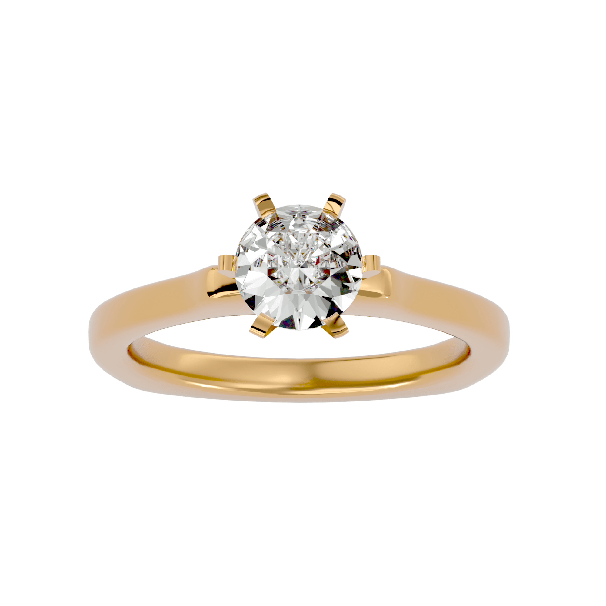 A single solitaire diamond ring with a round diamond centerpiece, set in a gold band.