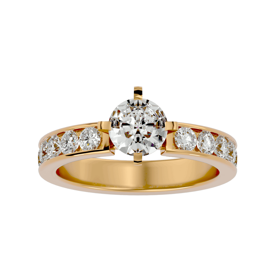 A gold diamond solitaire ring with multiple smaller diamonds on the band, showcasing a brilliant sheen.