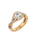 A gold diamond halo ring with a large central diamond and smaller surrounding diamonds.