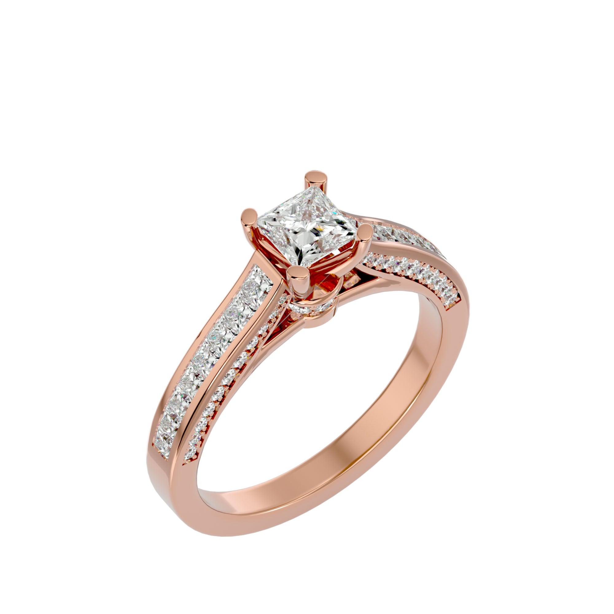 A rose gold diamond solitaire ring with a larger diamond in the center surrounded by smaller ones, set in a plain band.
