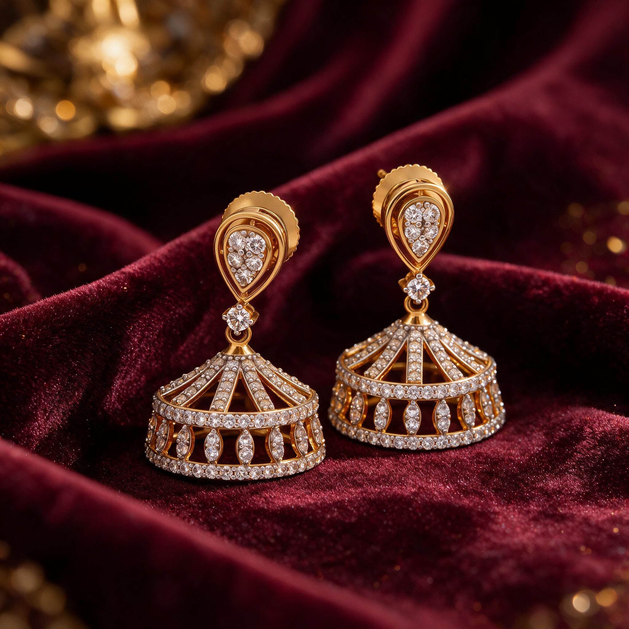Mukutheia 9KT Gold Diamond Crown Jhumka Earrings