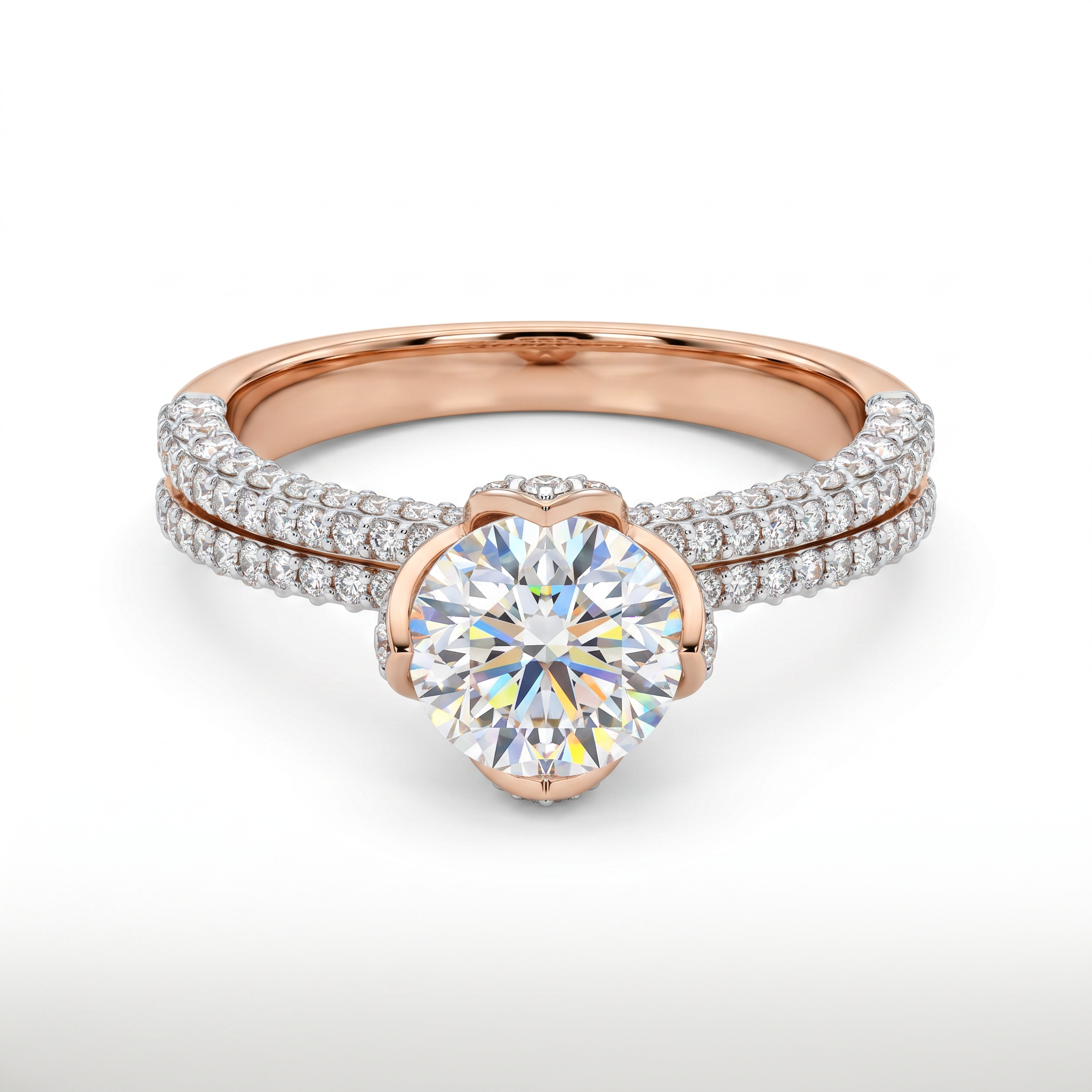 Round Lab Grown Diamond Solitaire Ring with Double Pavé Band