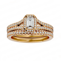 A gold diamond ring with a large central diamond surrounded by smaller diamonds set in a band