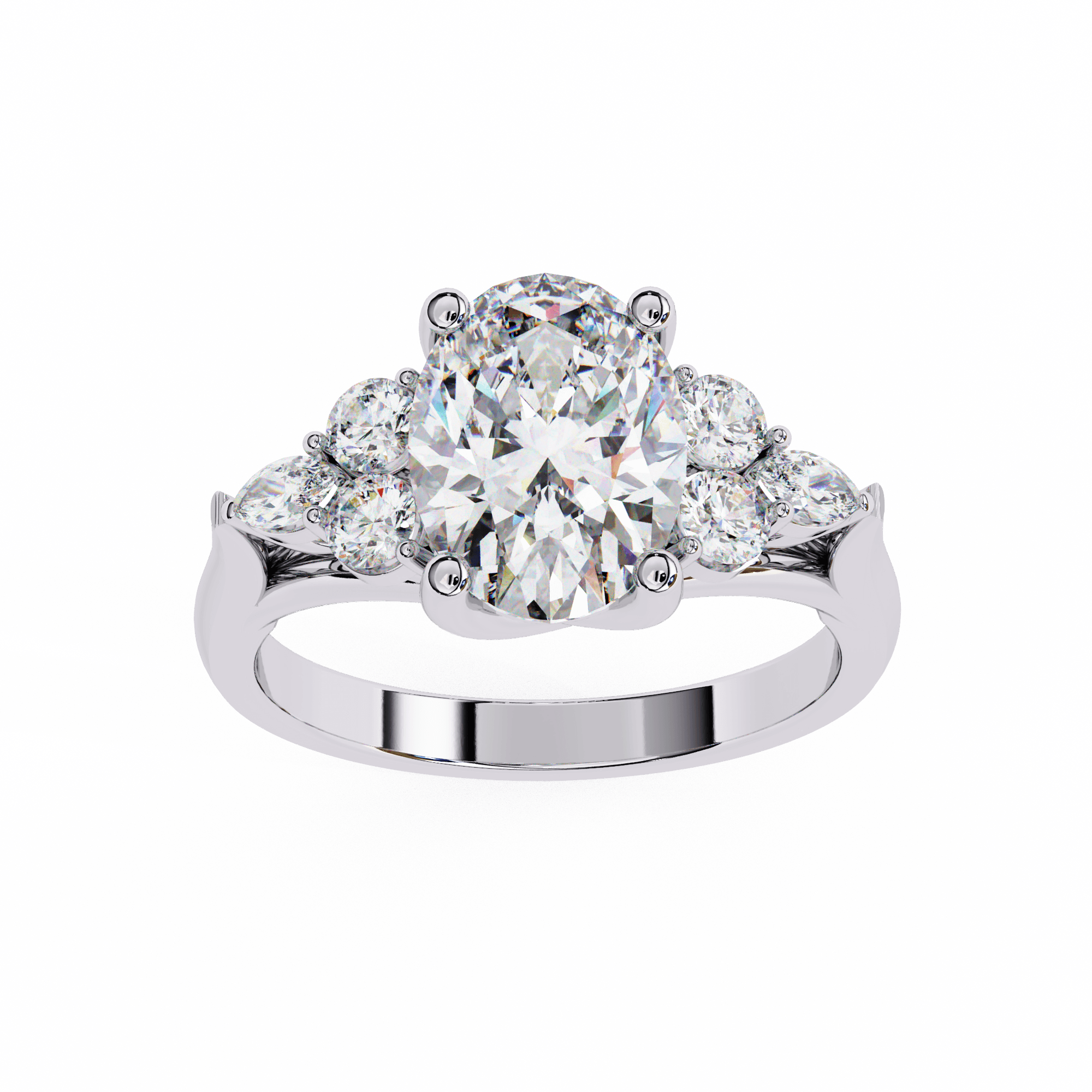 A silver-colored band diamond ring with multiple stones on the sides and a larger central diamond.