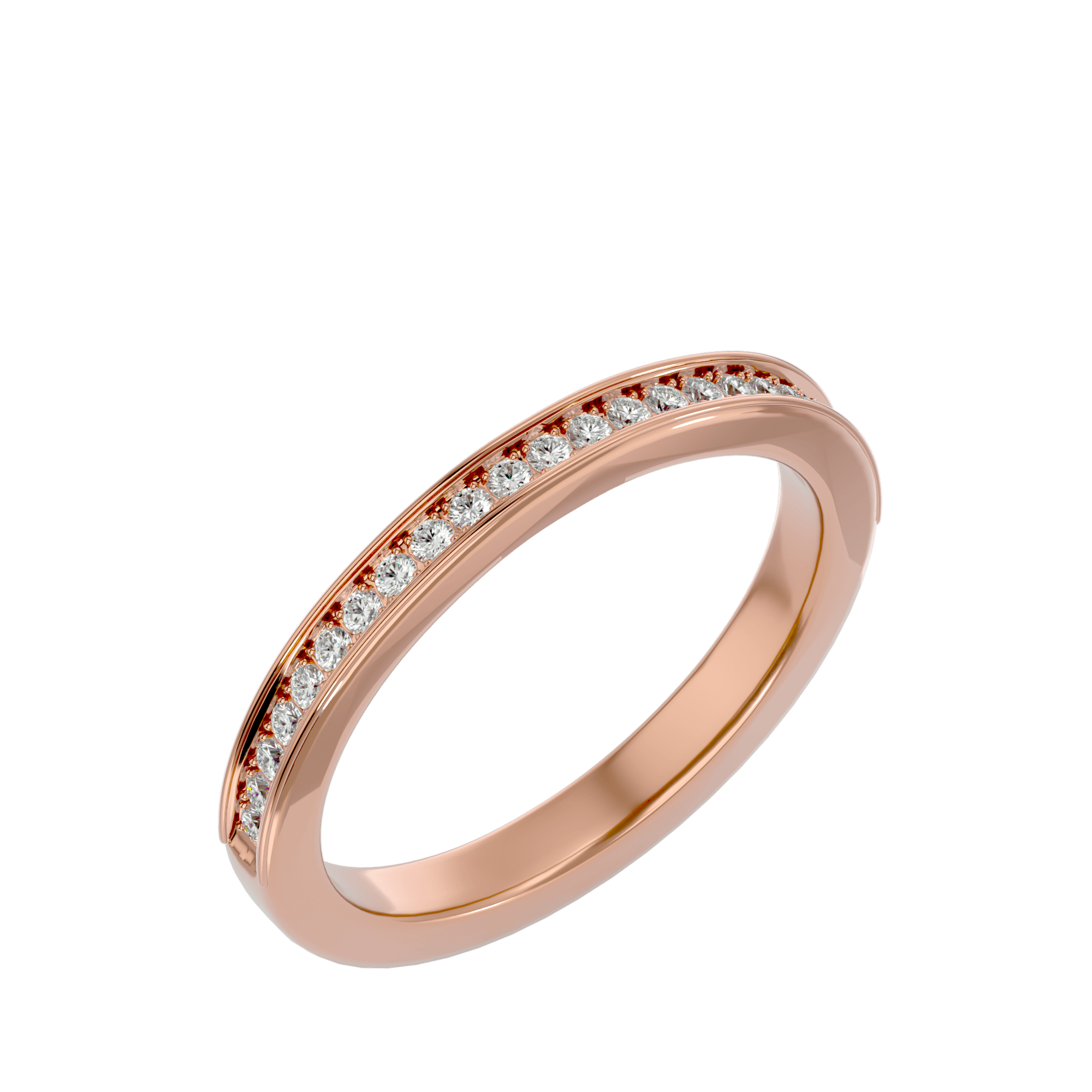 A ring with a rose gold band and a series of round diamonds set in it, some of which are visible as sparkling.