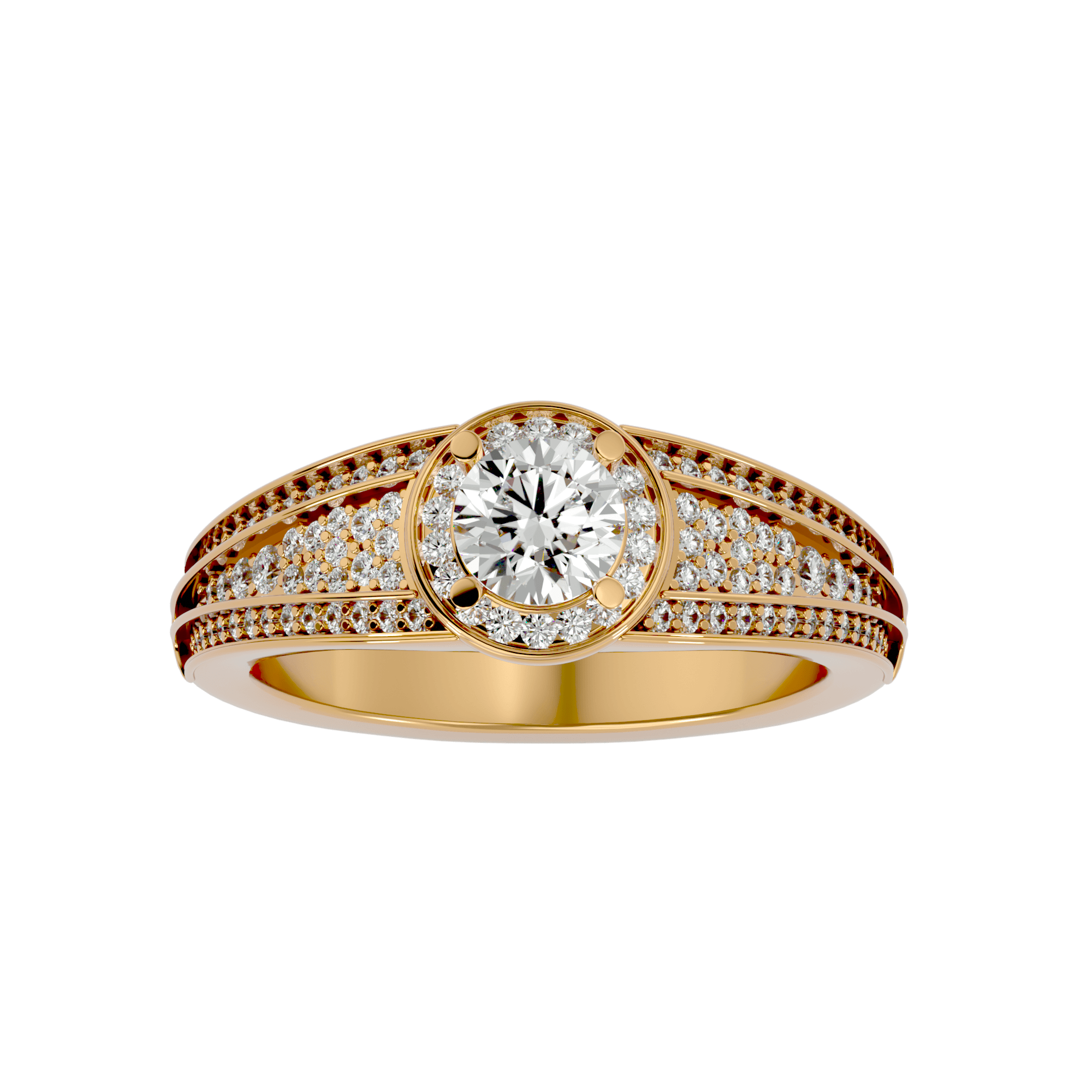A gold diamond ring with a large central diamond surrounded by smaller diamonds on the band-waverly-diamond-halo-ring