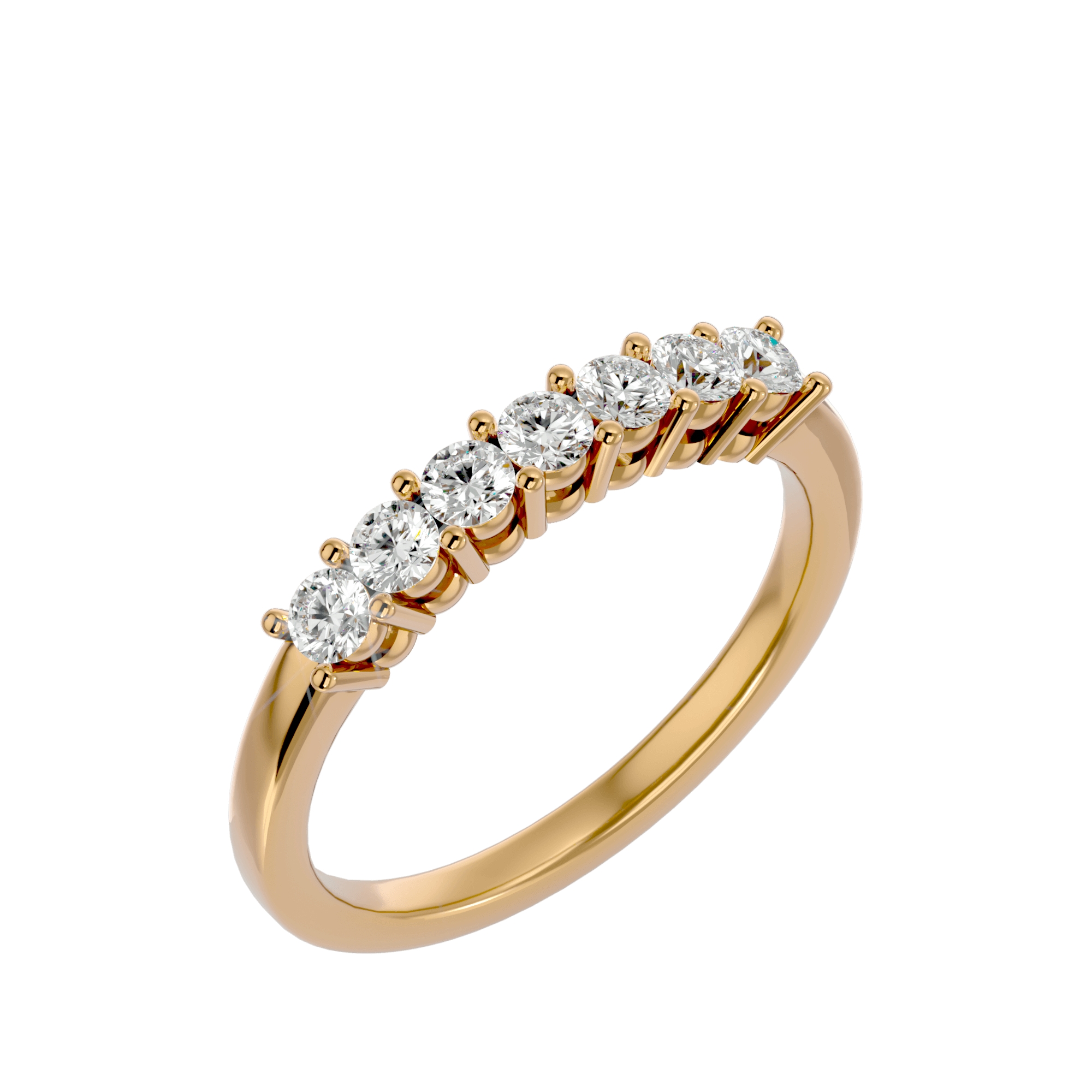 A gold band ring with a row of set diamonds, showcasing a bright and elegant appearance.