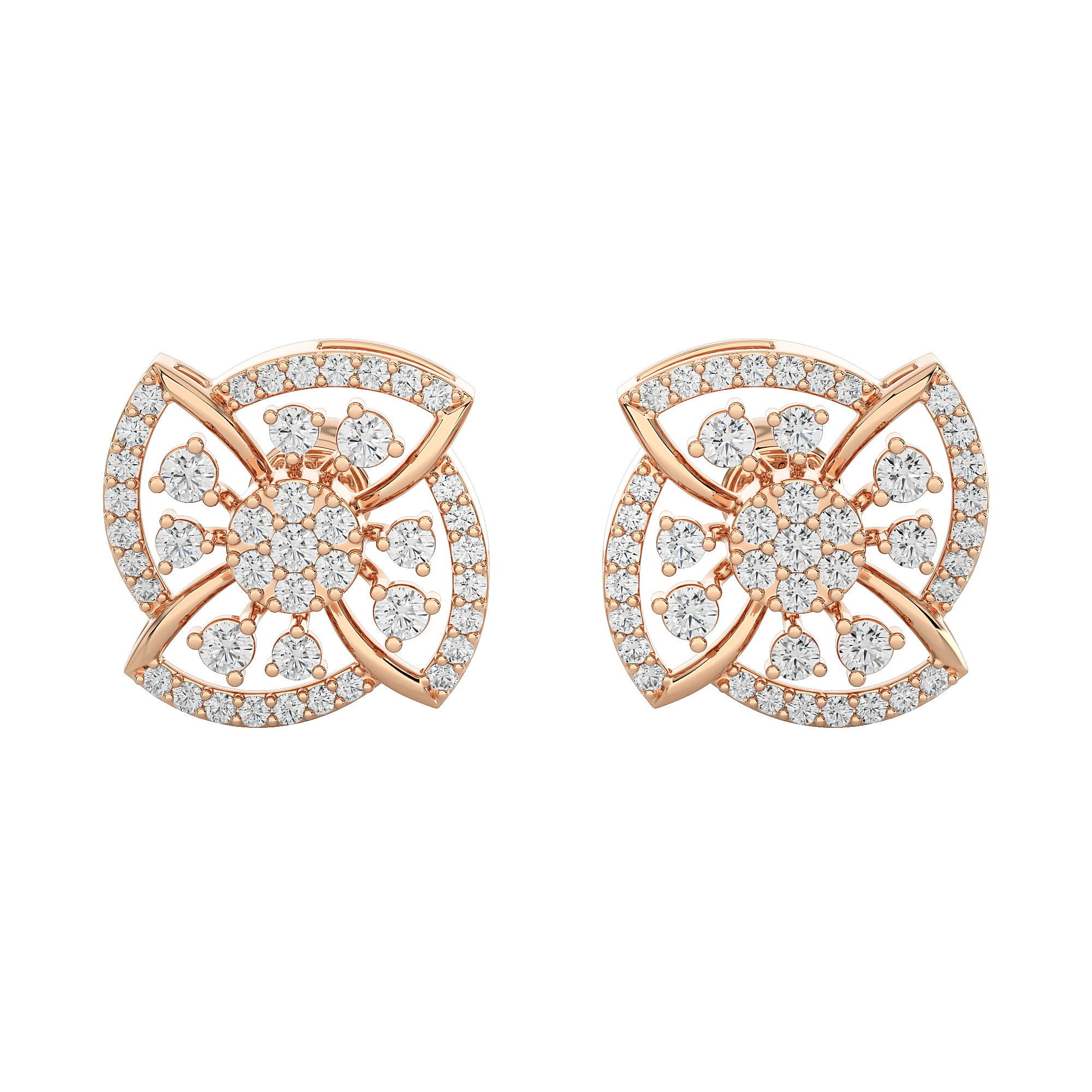 A pair of round diamond earrings with a geometric pattern, featuring pink gold or rose gold bands.