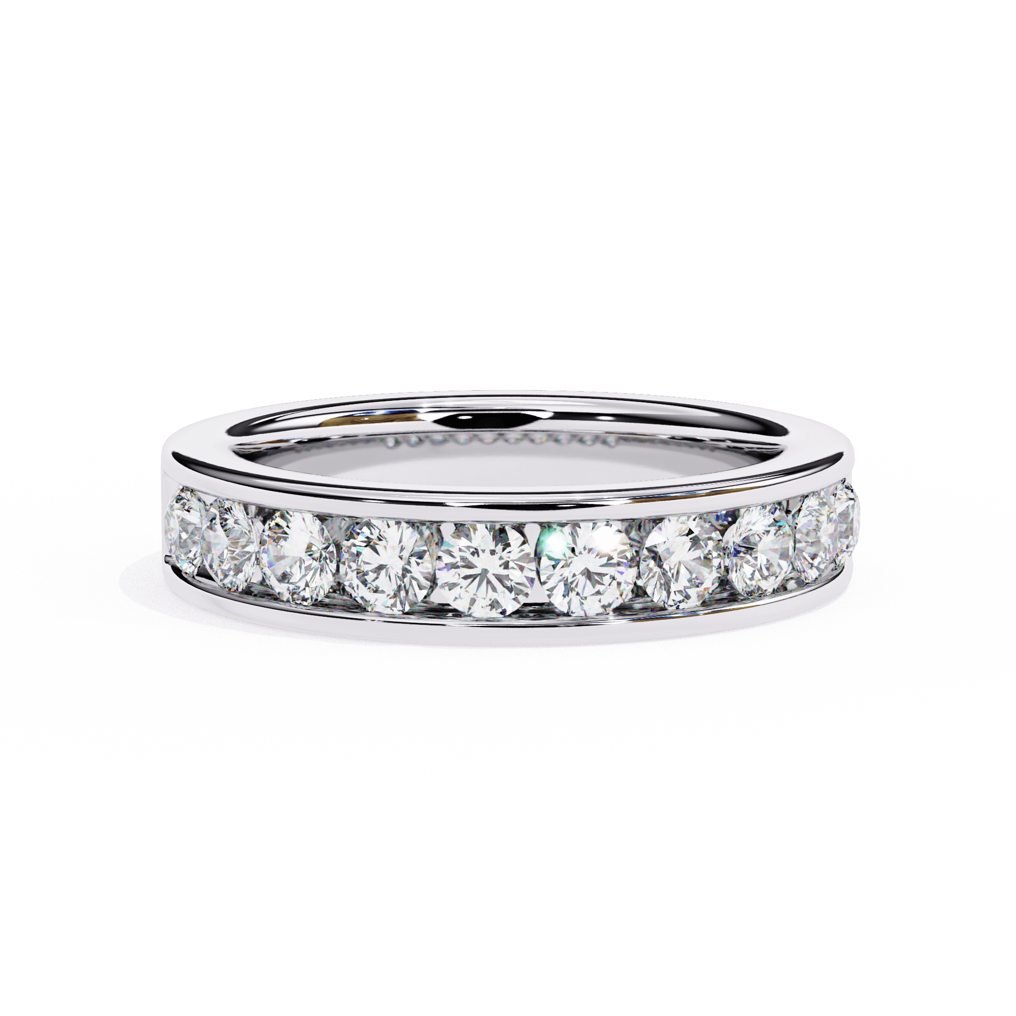 A diamond band ring with a white gold band and multiple diamonds set around the top.