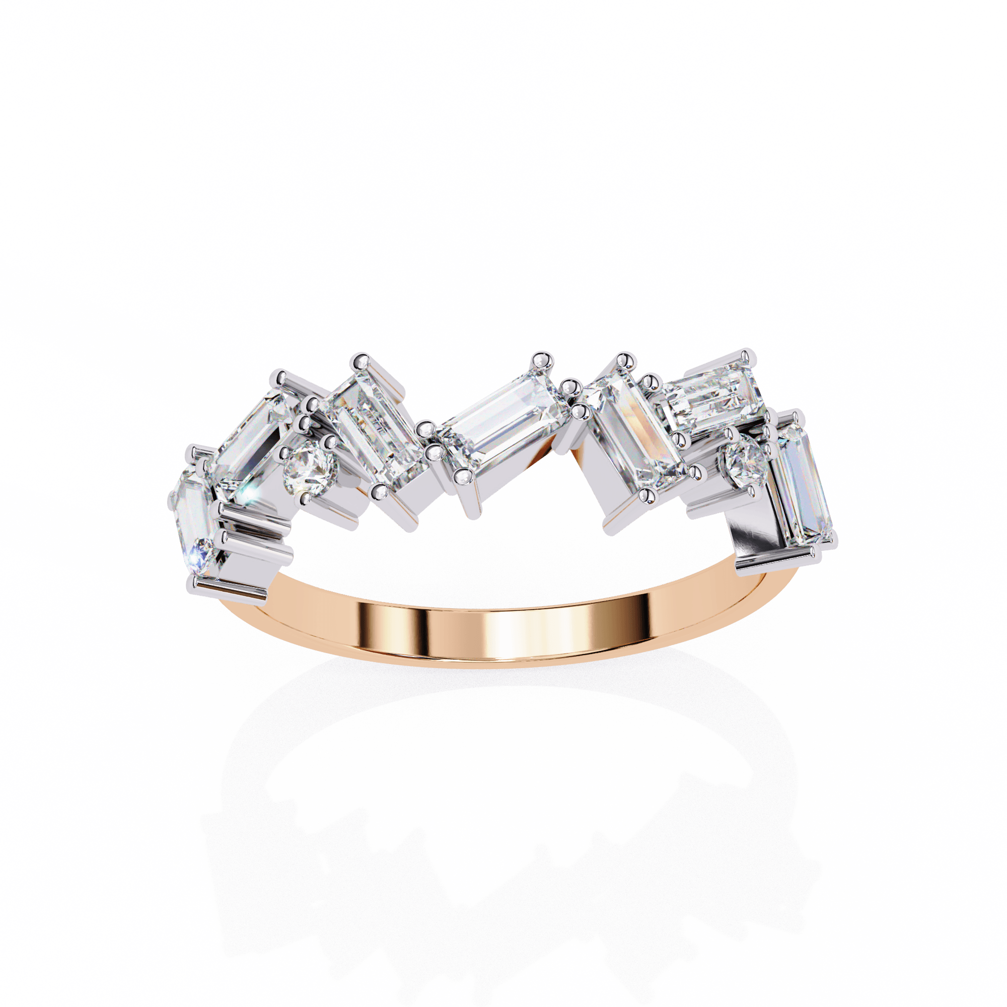 A diamond ring with multiple stones arranged in a curved band, set against a white background.