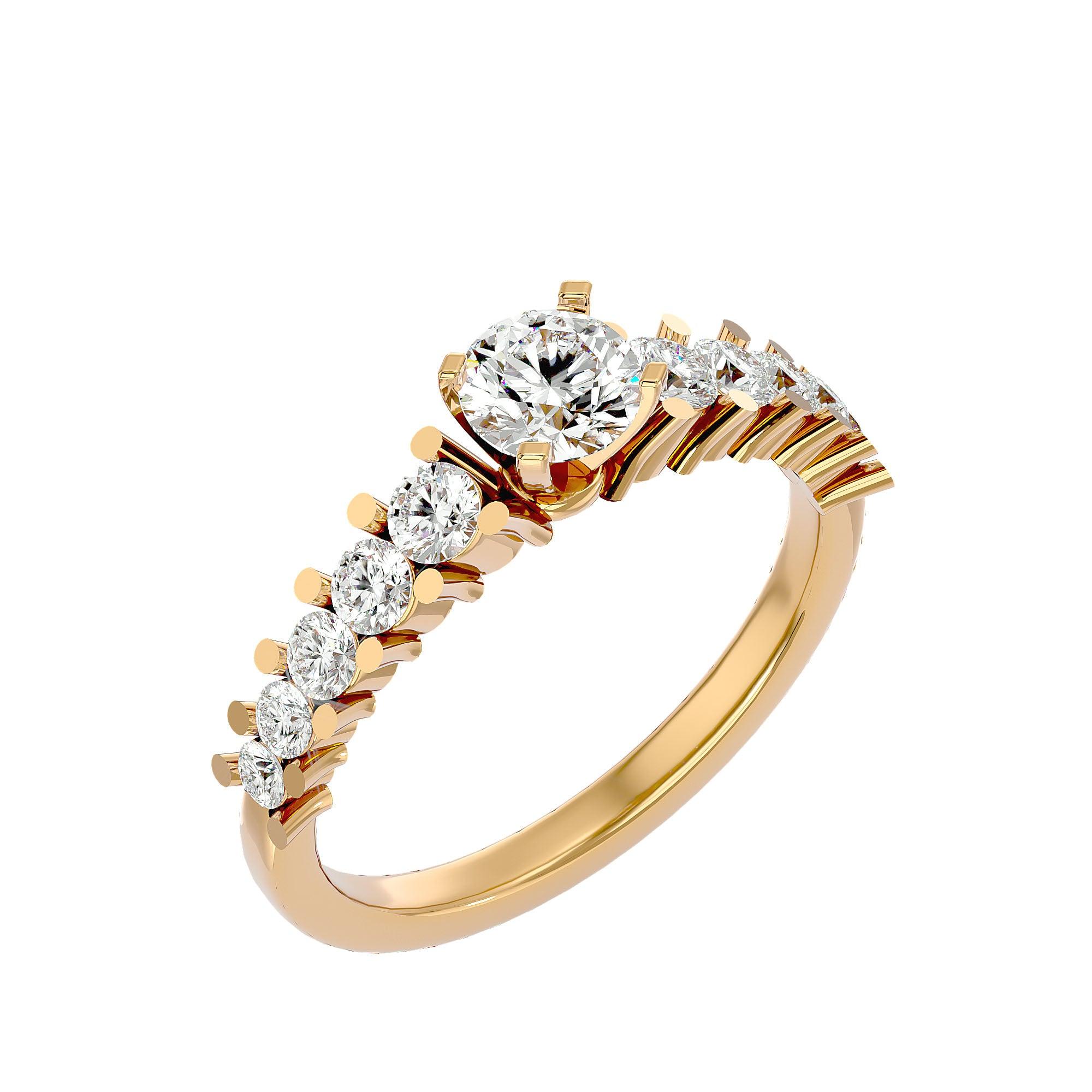 A gold diamond solitaire ring with multiple smaller diamonds on the band, showcasing a clear and prominent central diamond.